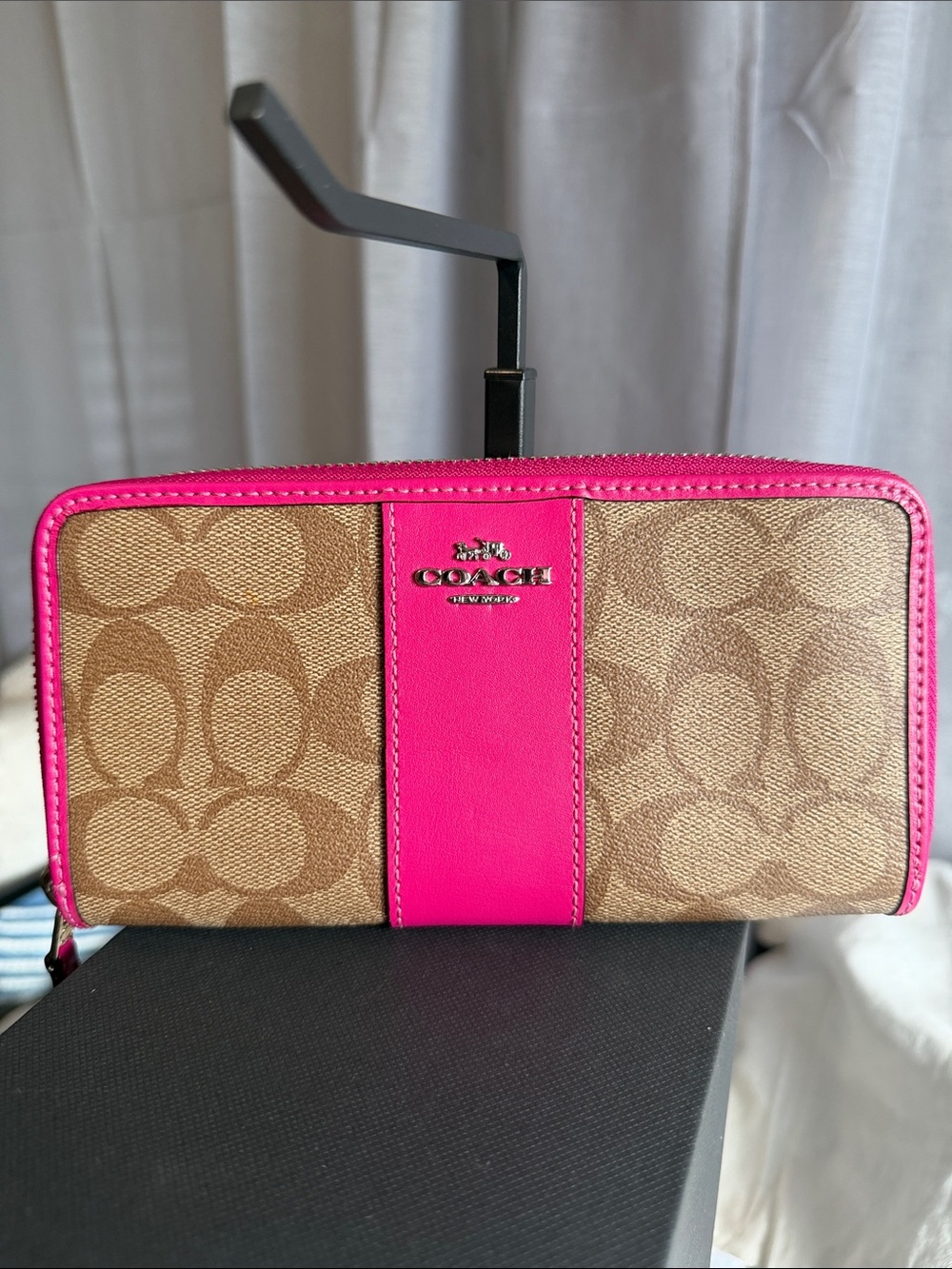 Coach Canvas Zip Wallet in Brown and Hot Pink